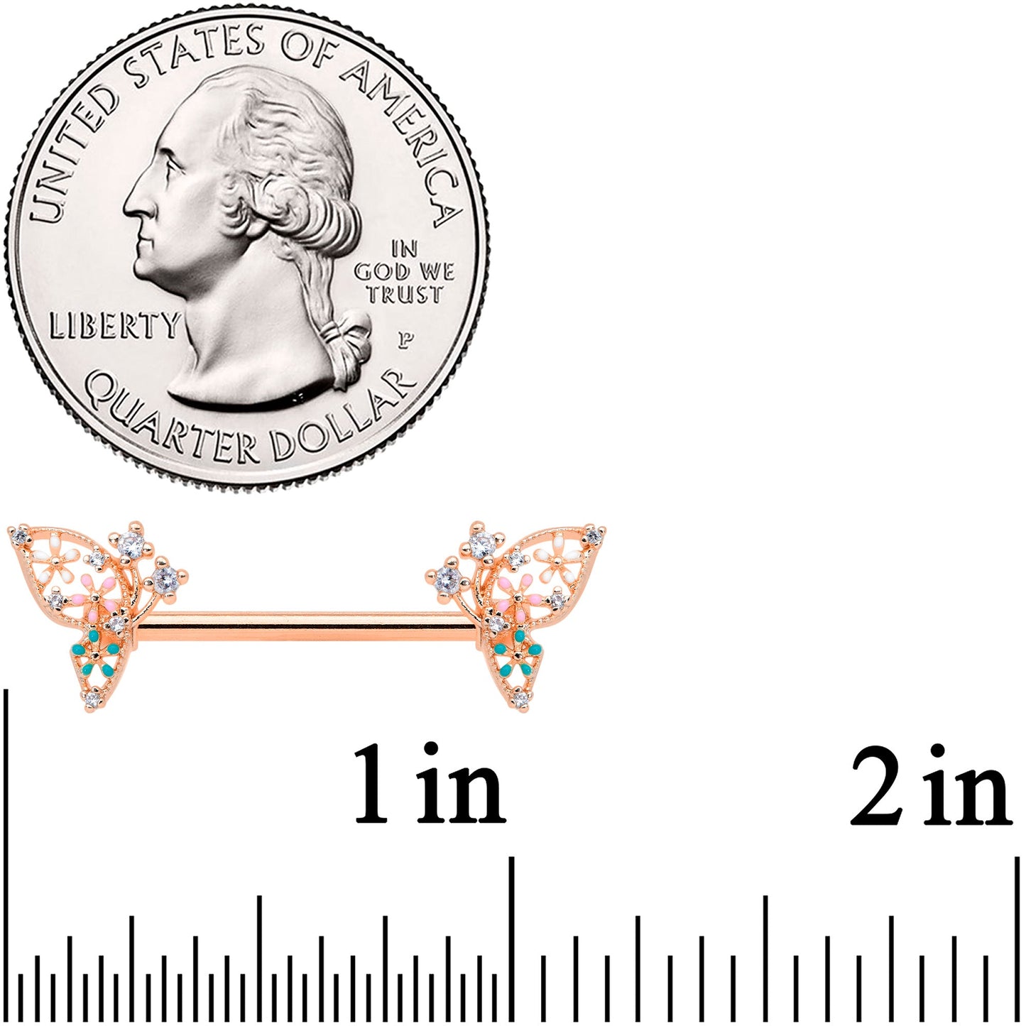 14G 9/16 Clear CZ Gem Rose Gold Hue Butterfly Nipple Ring Set