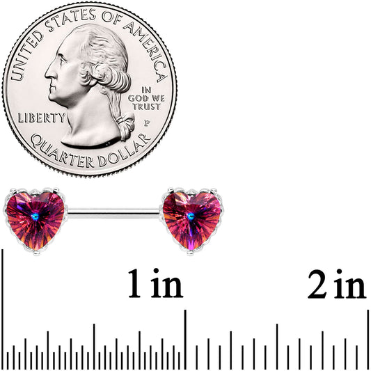 14G 9/16 Red CZ Gem Heart Love Valentine Barbell Nipple Ring Set