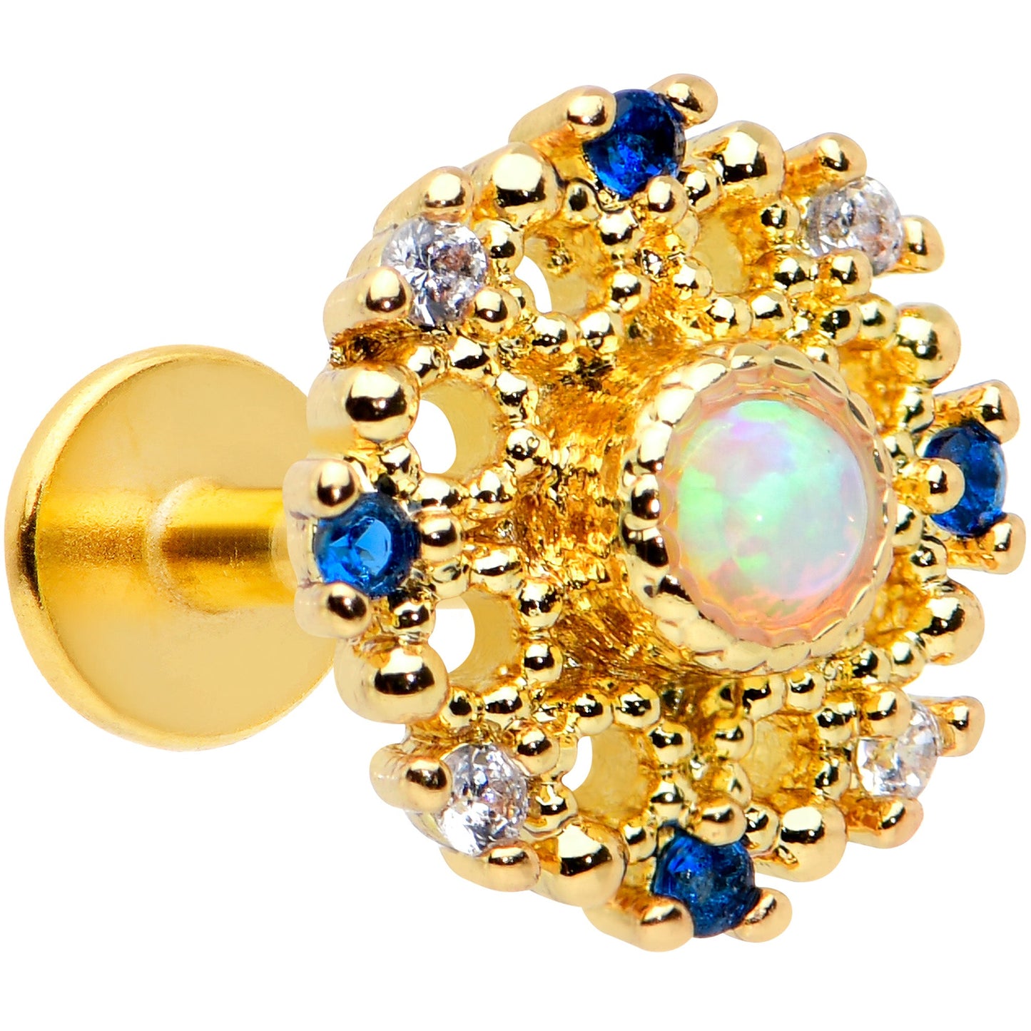 16G 1/4 White Synthetic Opal Gold Tone Sun Labret Monroe Tragus