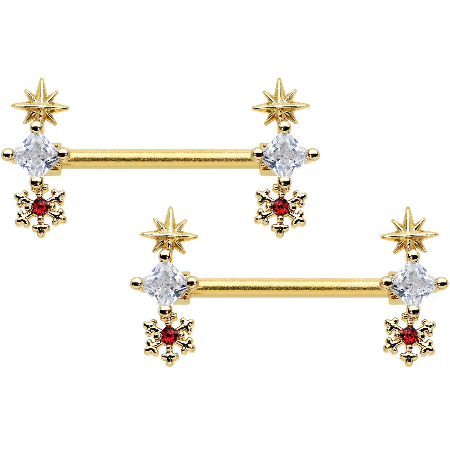 14G 9/16 Red Gold Tone Snowflake Star Christmas Nipple Ring Set