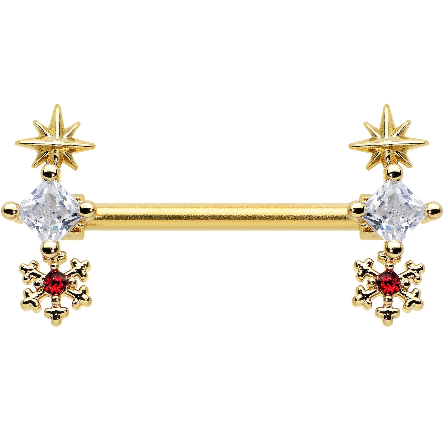 14G 9/16 Red Gold Tone Snowflake Star Christmas Nipple Ring Set