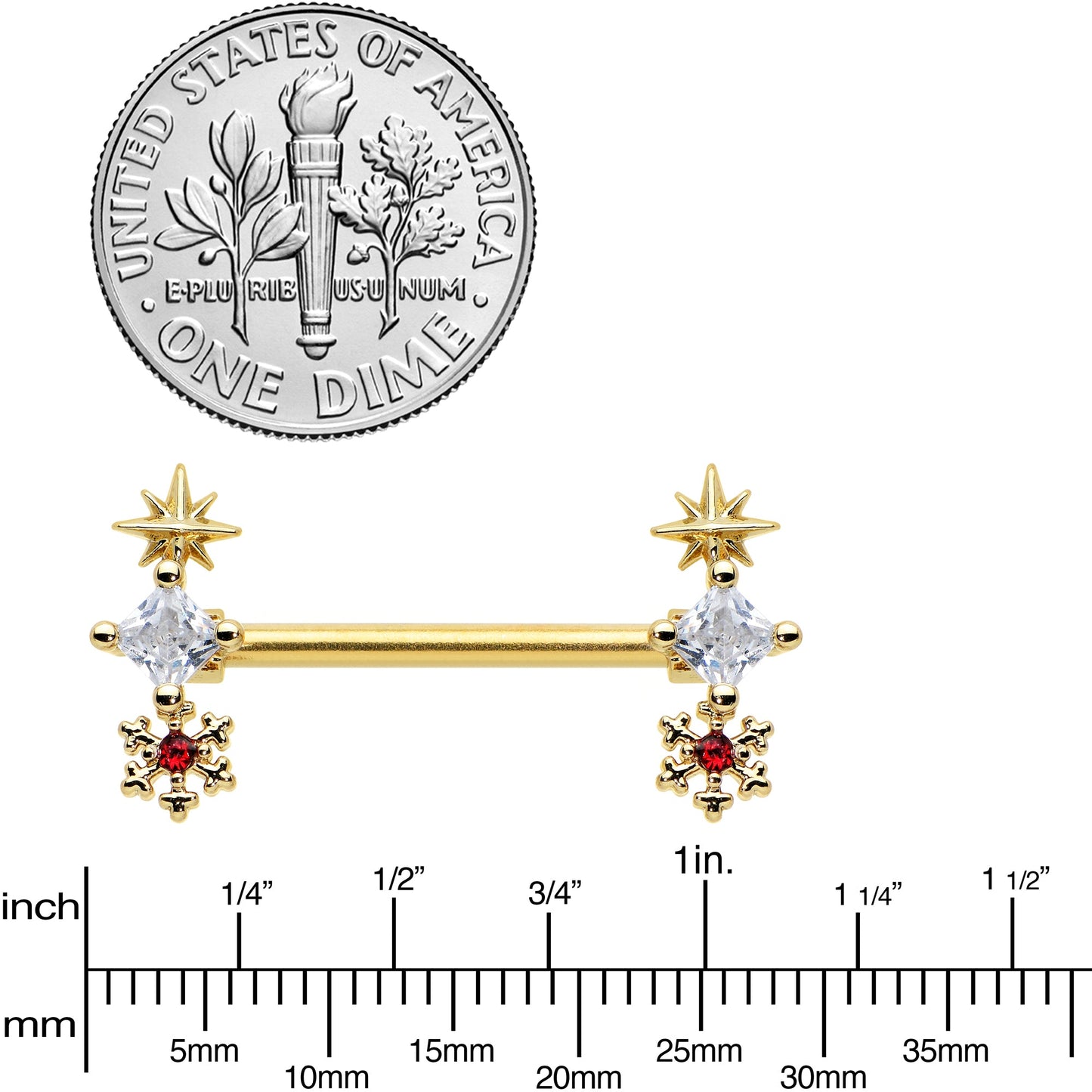 14G 9/16 Red Gold Tone Snowflake Star Christmas Nipple Ring Set