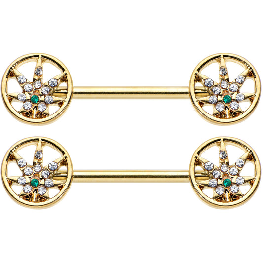 14G 9/16 Clear Green Gem Gold Hue Pot Leaf Circle Nipple Ring Set