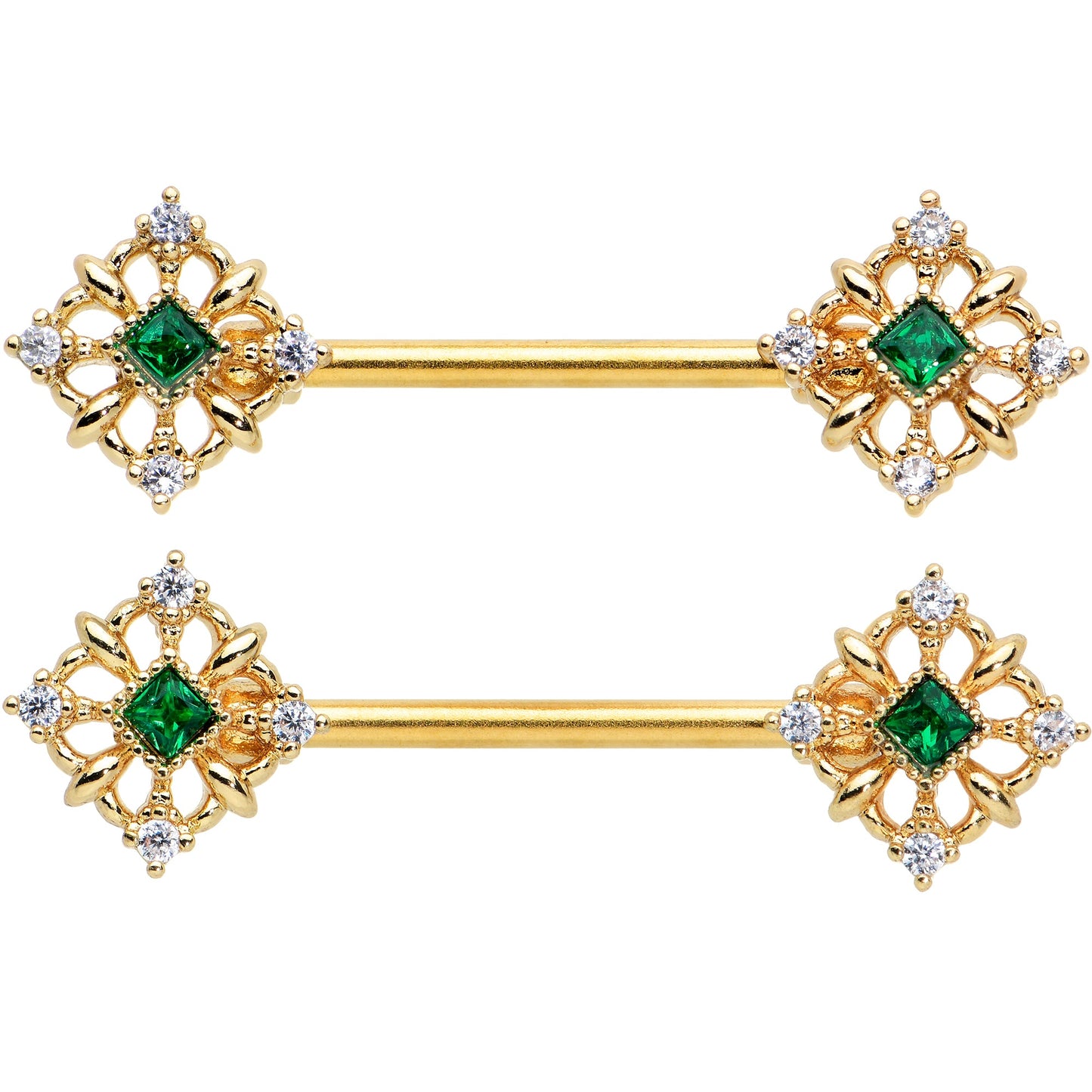 14G 9/16 Green Gem Gold Tone Noble Square Barbell Nipple Ring Set