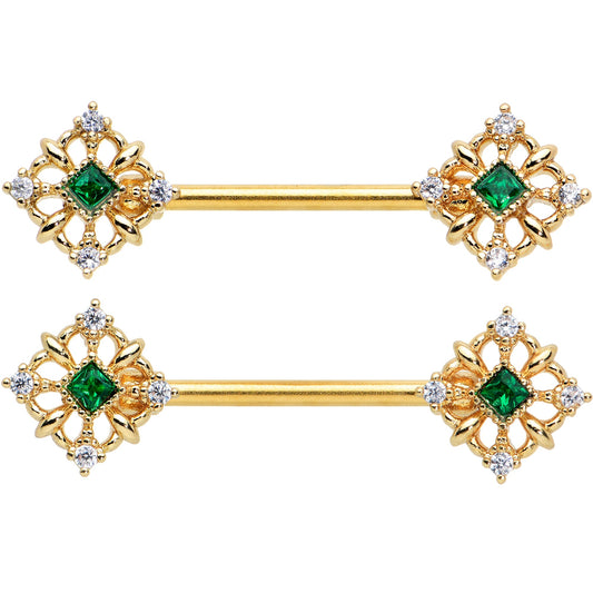 14G 9/16 Green Gem Gold Tone Noble Square Barbell Nipple Ring Set