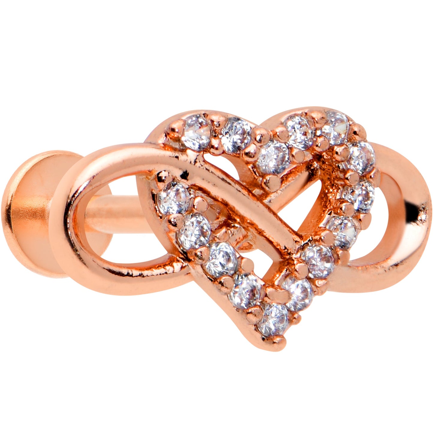 16G 5/16 Clear CZ Gem Rose Gold Hue Infinity Heart Labret Tragus