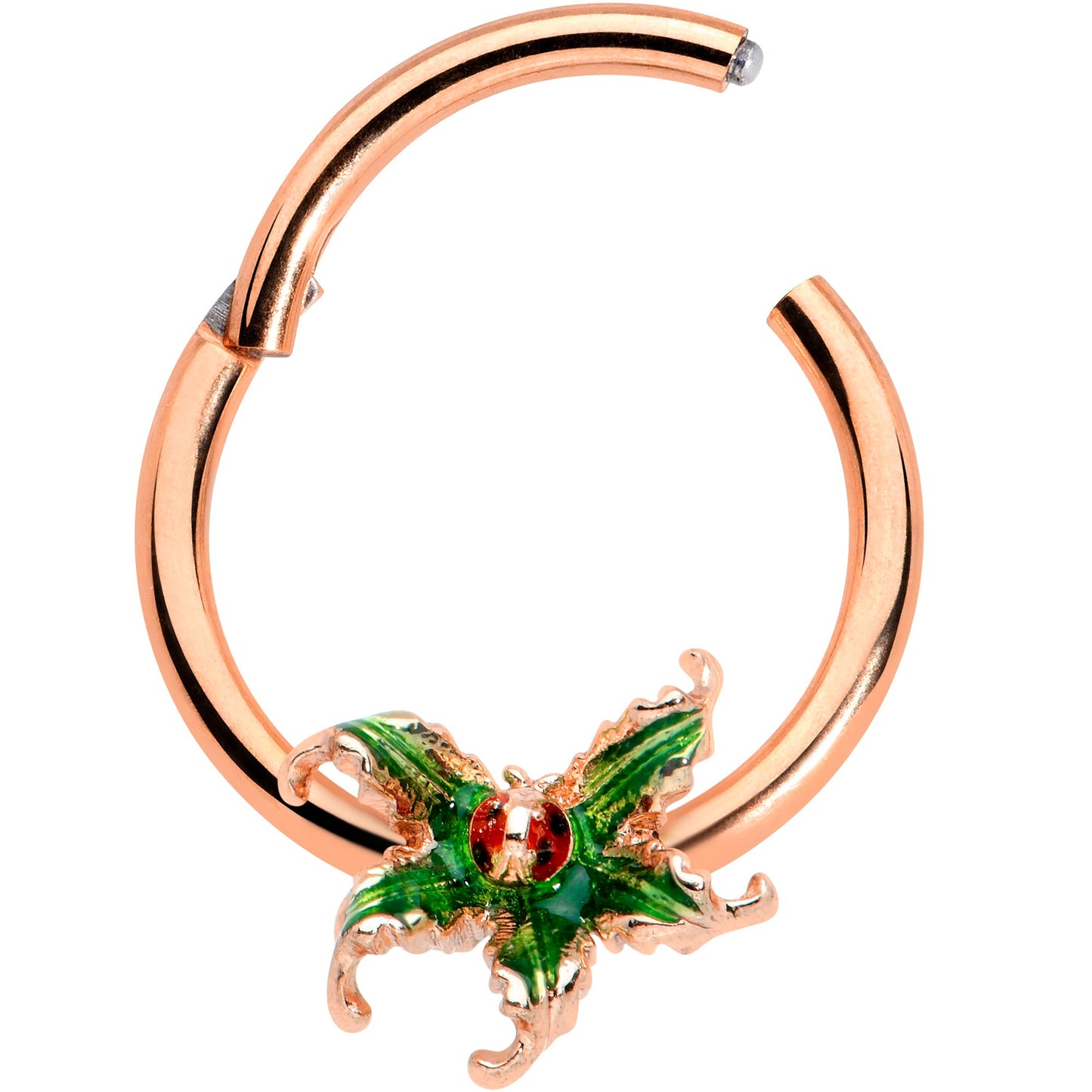 16G 3/8 Rose Gold Tone Tiny Ladybug Leaves Hinged Segment Ring
