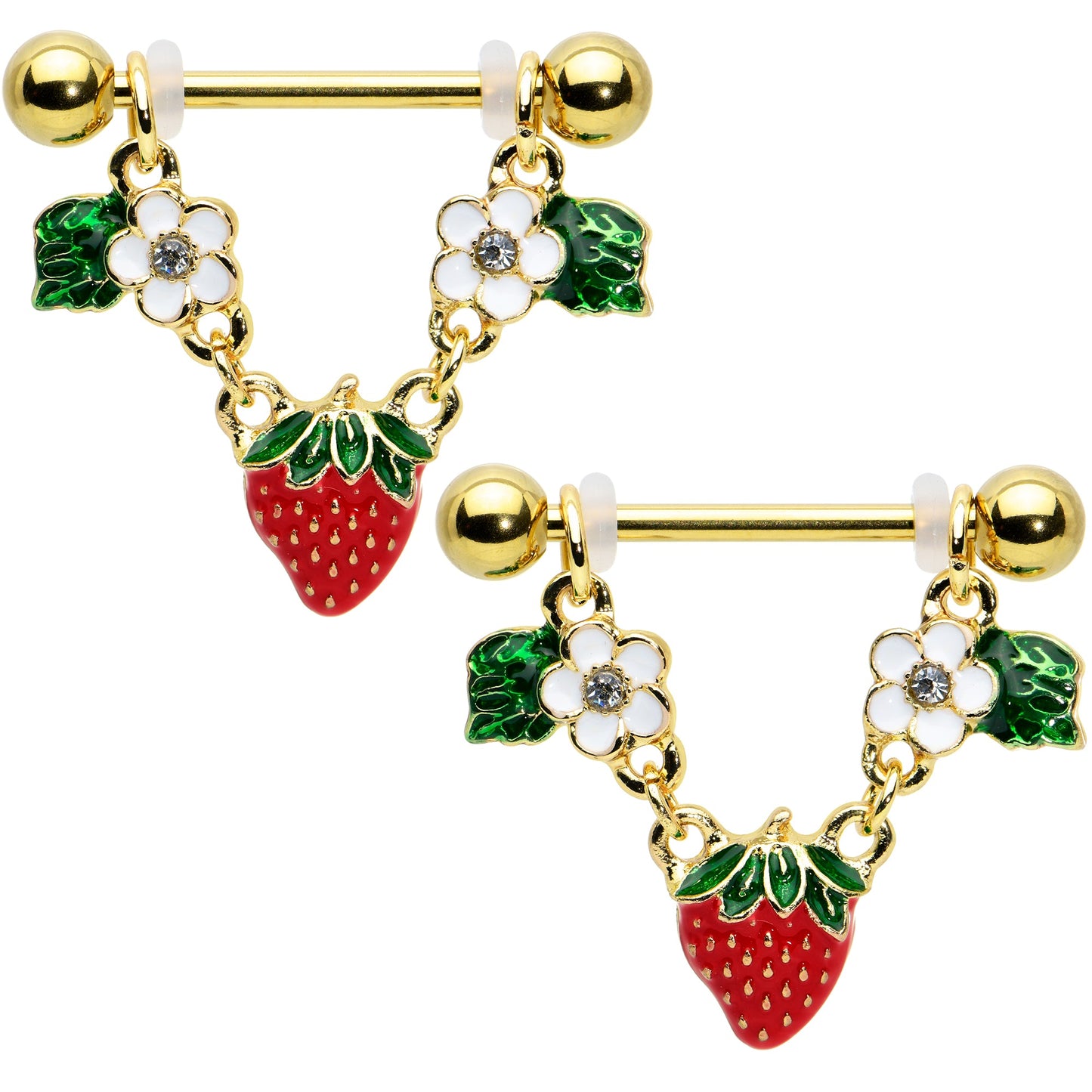 14G 9/16 Clear Gem Gold Tone Strawberry Dangle Nipple Ring Set