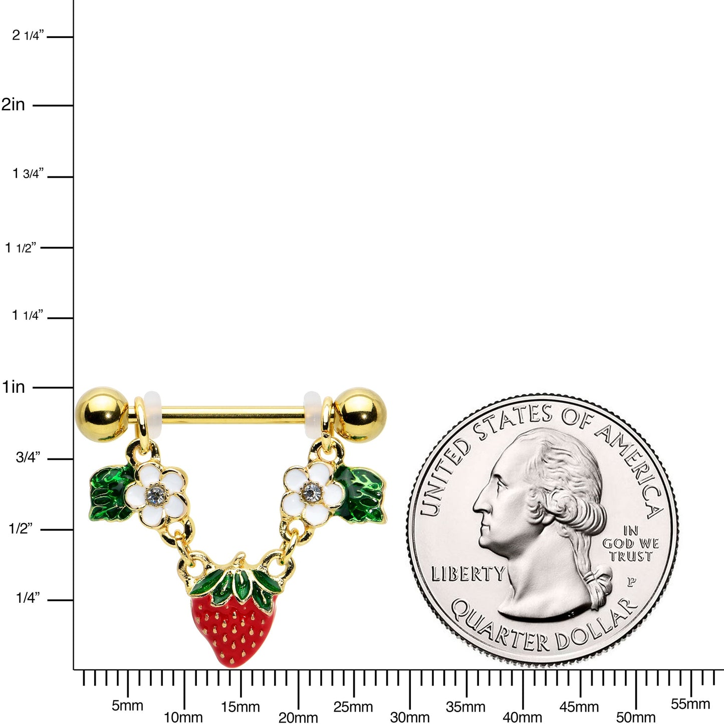 14G 9/16 Clear Gem Gold Tone Strawberry Dangle Nipple Ring Set