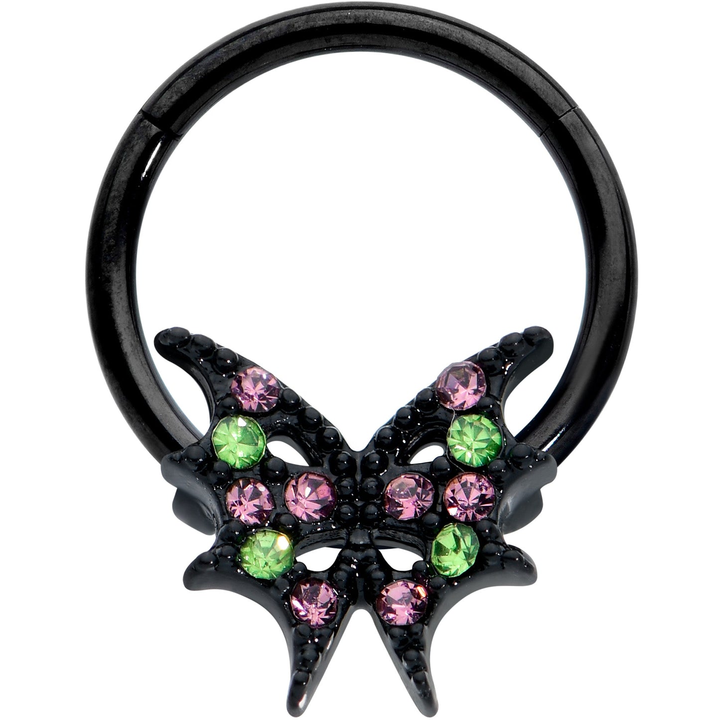 16G 3/8 Pink Green Gem Bat Wings Halloween Hinged Segment Ring