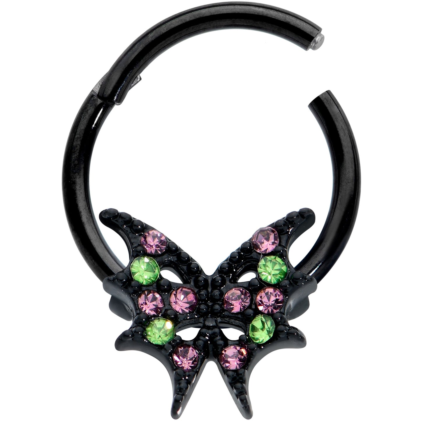 16G 3/8 Pink Green Gem Bat Wings Halloween Hinged Segment Ring