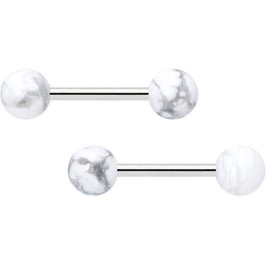 14G 1/2 Elegant White Howlite Barbell Nipple Ring Set