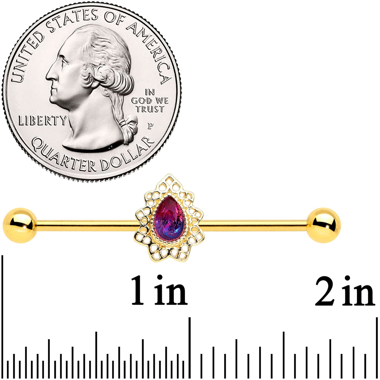 14G Purple Tourmaline Gold Tone Drop Industrial Barbell 38mm