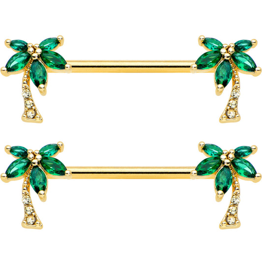 14G 9/16 Clear Green Gem Gold Tone Palm Tree Nipple Ring Set