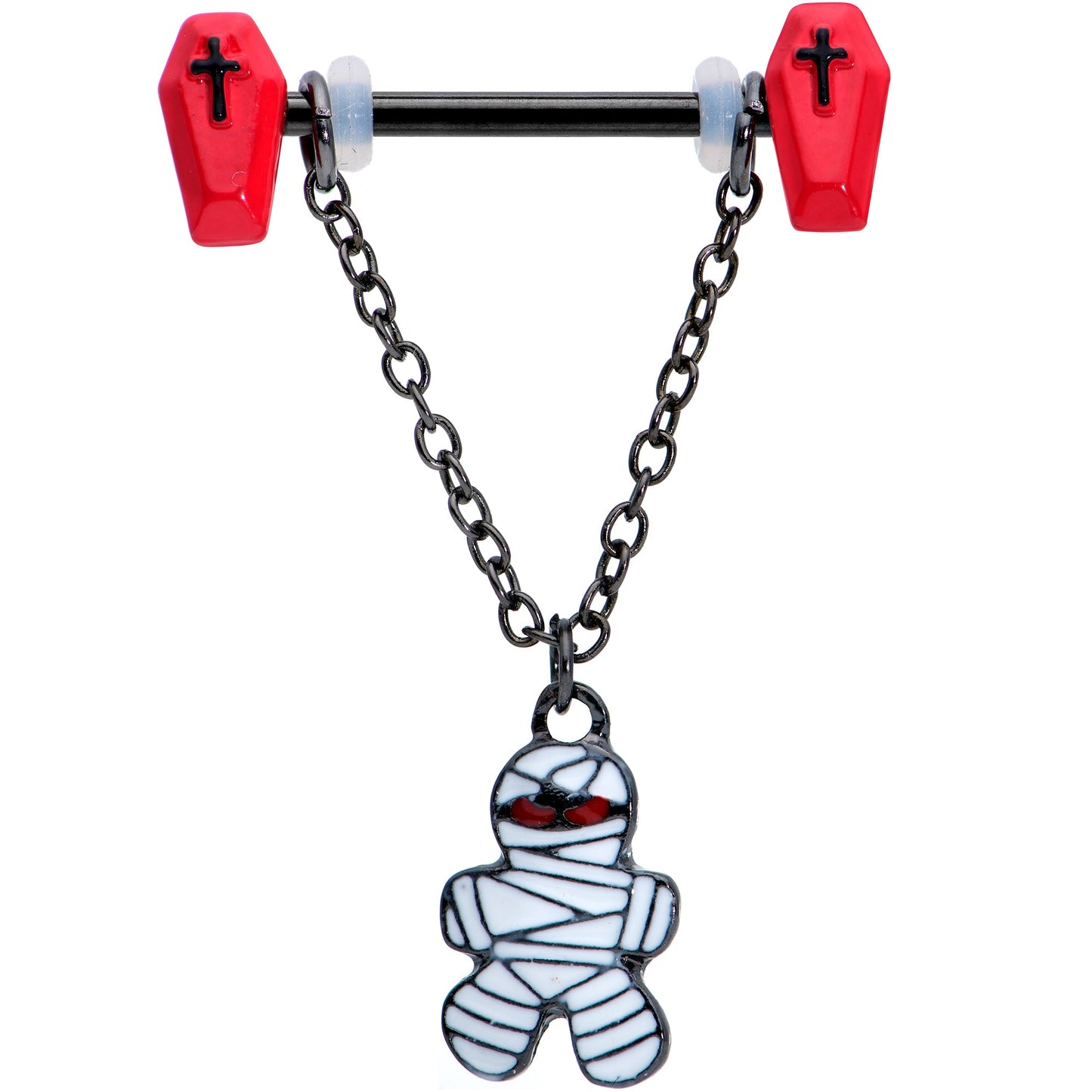 14G 9/16 Mummy Red Coffin Halloween Chain Dangle Nipple Ring Set
