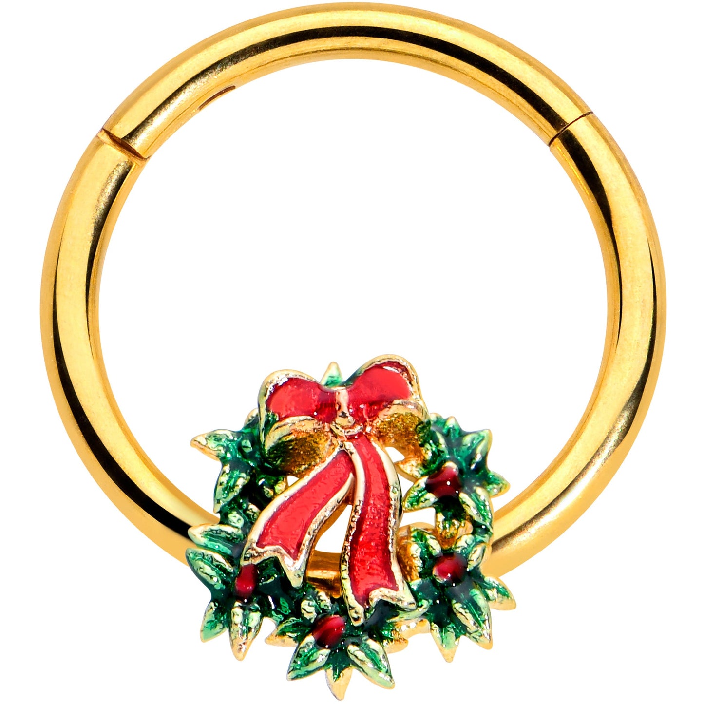 16G 3/8 Gold Hue Festive Christmas Wreath Bow Hinged Segment Ring