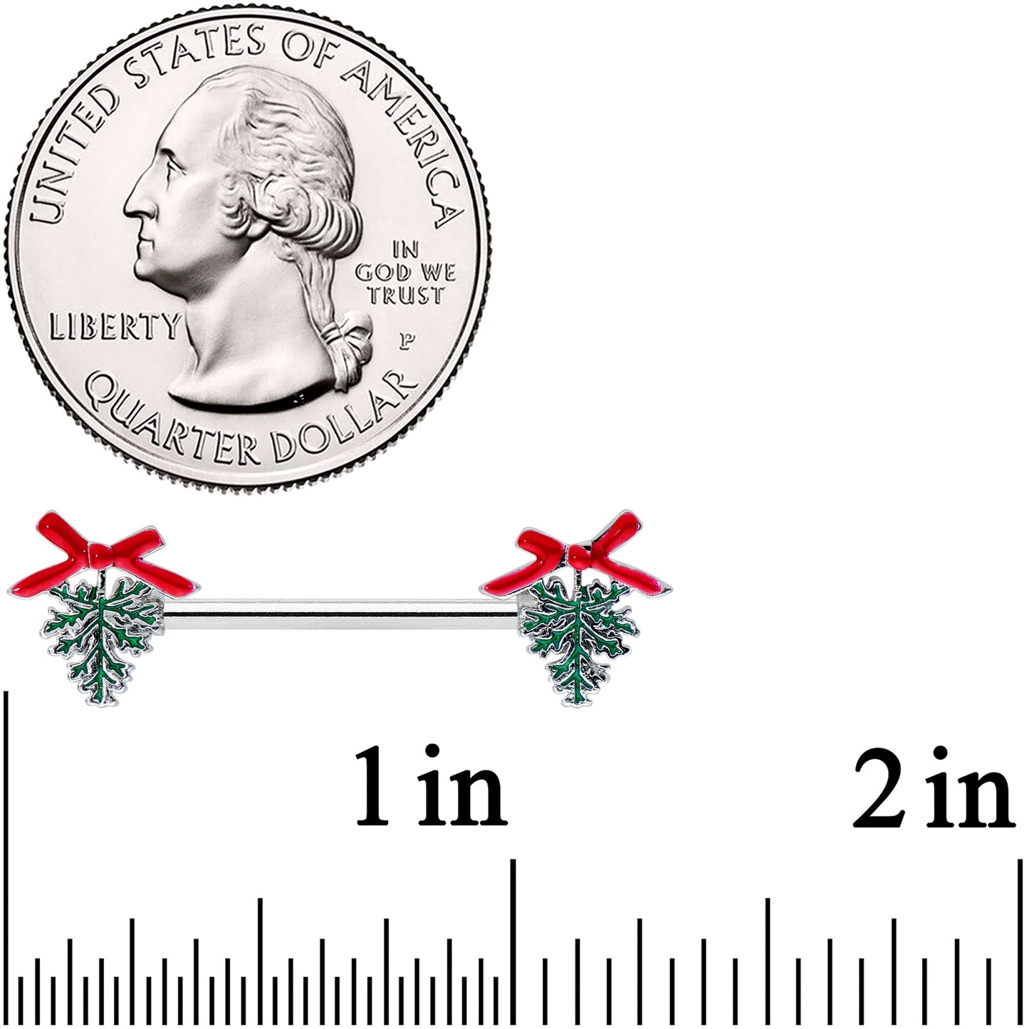 14G 9/16 Pine Bough Red Bow Christmas Barbell Nipple Ring Set