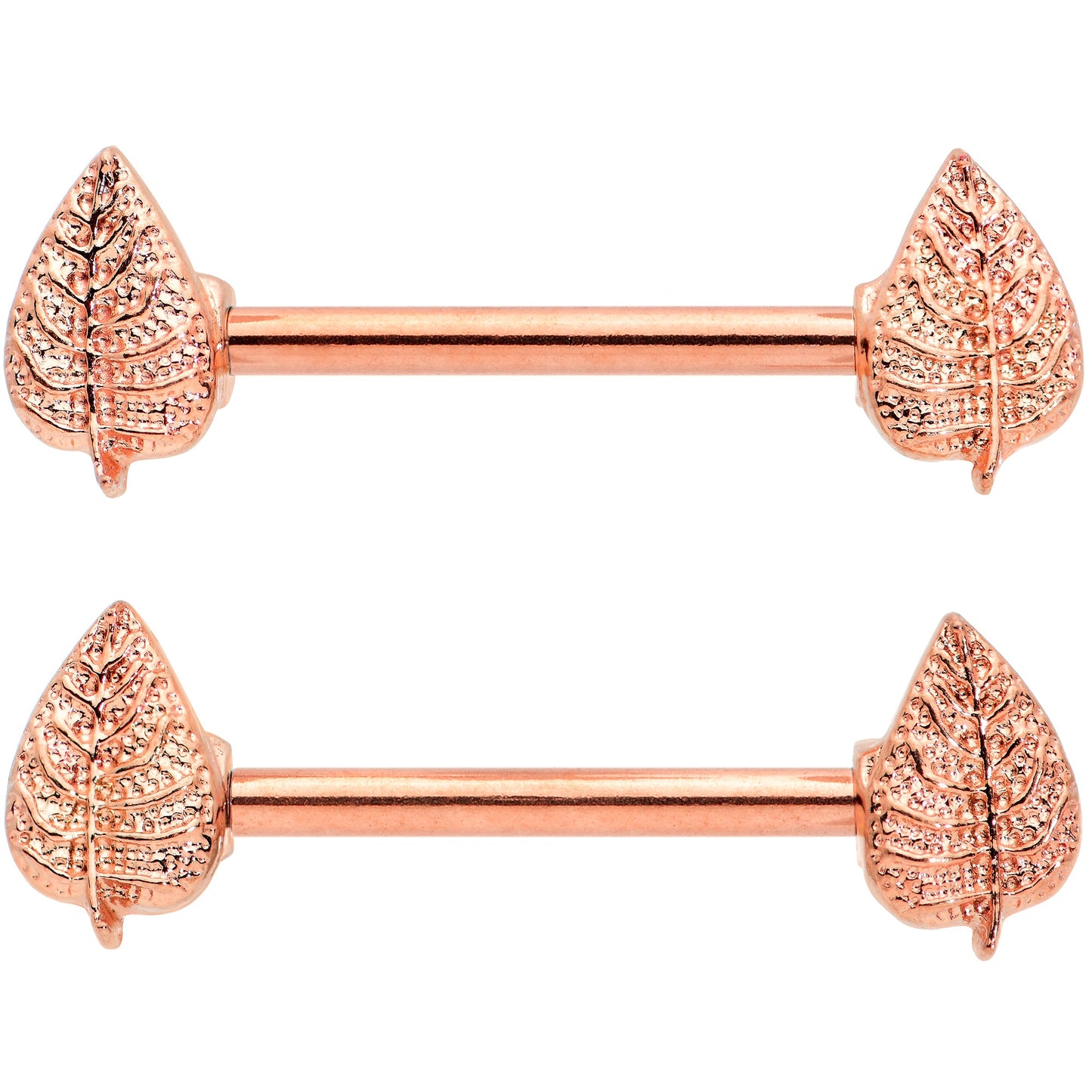 14G 9/16 Rose Gold Tone Fall Texture Leaf Barbell Nipple Ring Set
