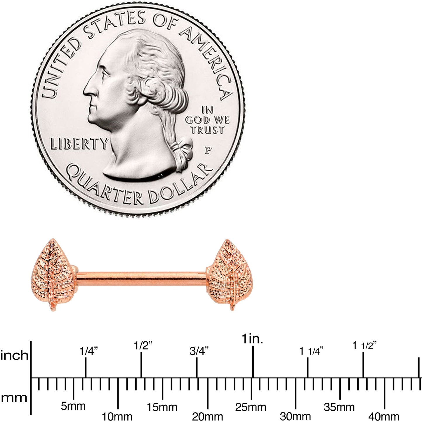 14G 9/16 Rose Gold Tone Fall Texture Leaf Barbell Nipple Ring Set