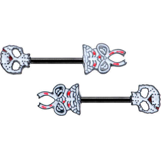 14G 1/2 Black Skeleton Body Halloween Barbell Nipple Ring Set