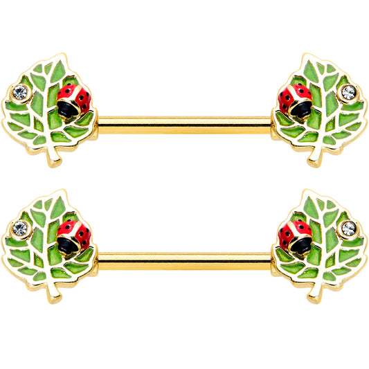 14G 9/16 Clear Gem Gold Hue Leafy Ladybug Barbell Nipple Ring Set