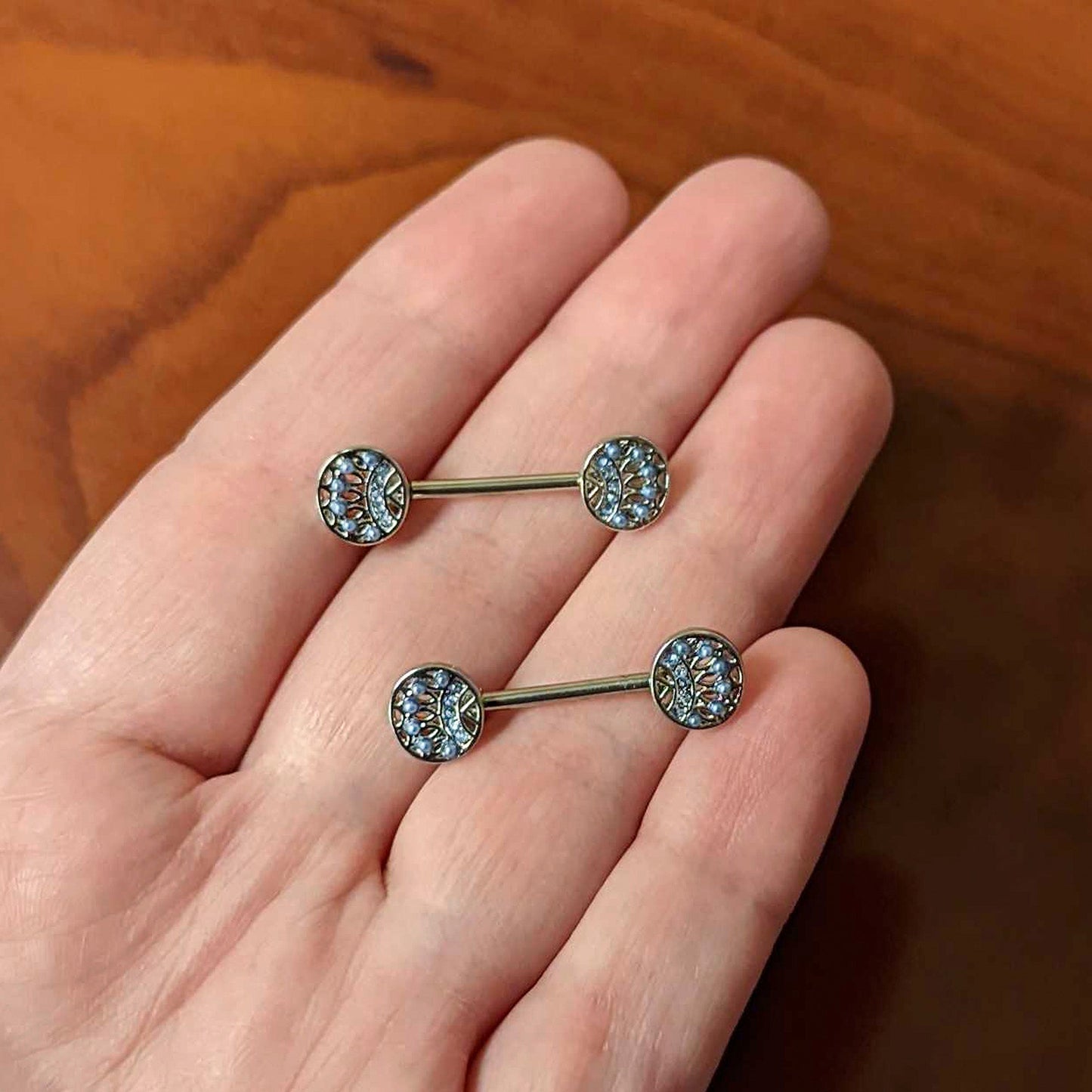 14G 1/2 Blue Gem Geometric Blues Barbell Nipple Ring Set
