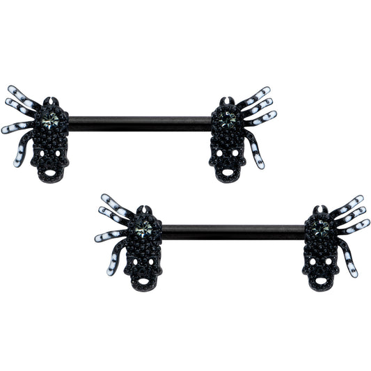 14G 1/2 Clear Gem Black Skull Spider Halloween Nipple Ring Set