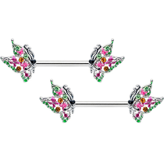 14G 1/2 Pink Gem Openwork Butterfly Barbell Nipple Ring Set