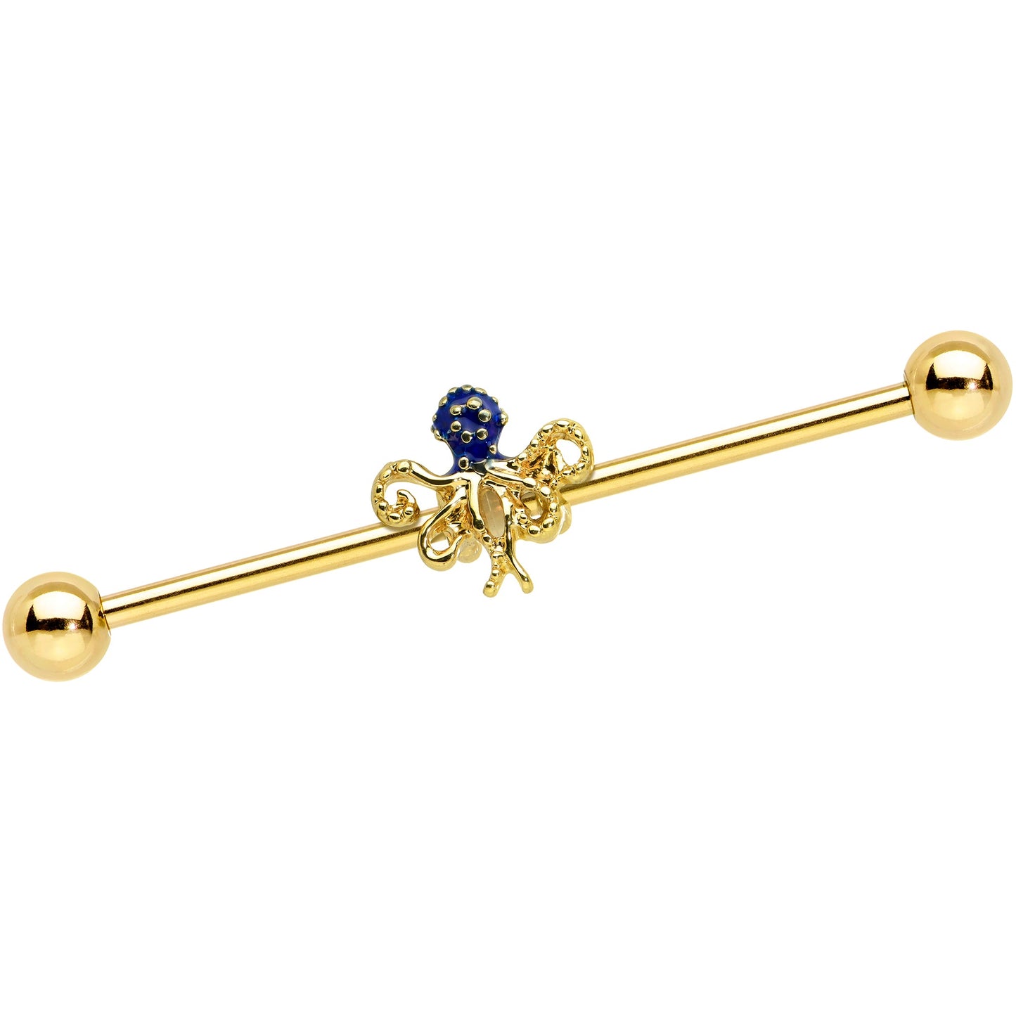 14G Gold Tone Textured Blue Octopus Industrial Barbell 38mm