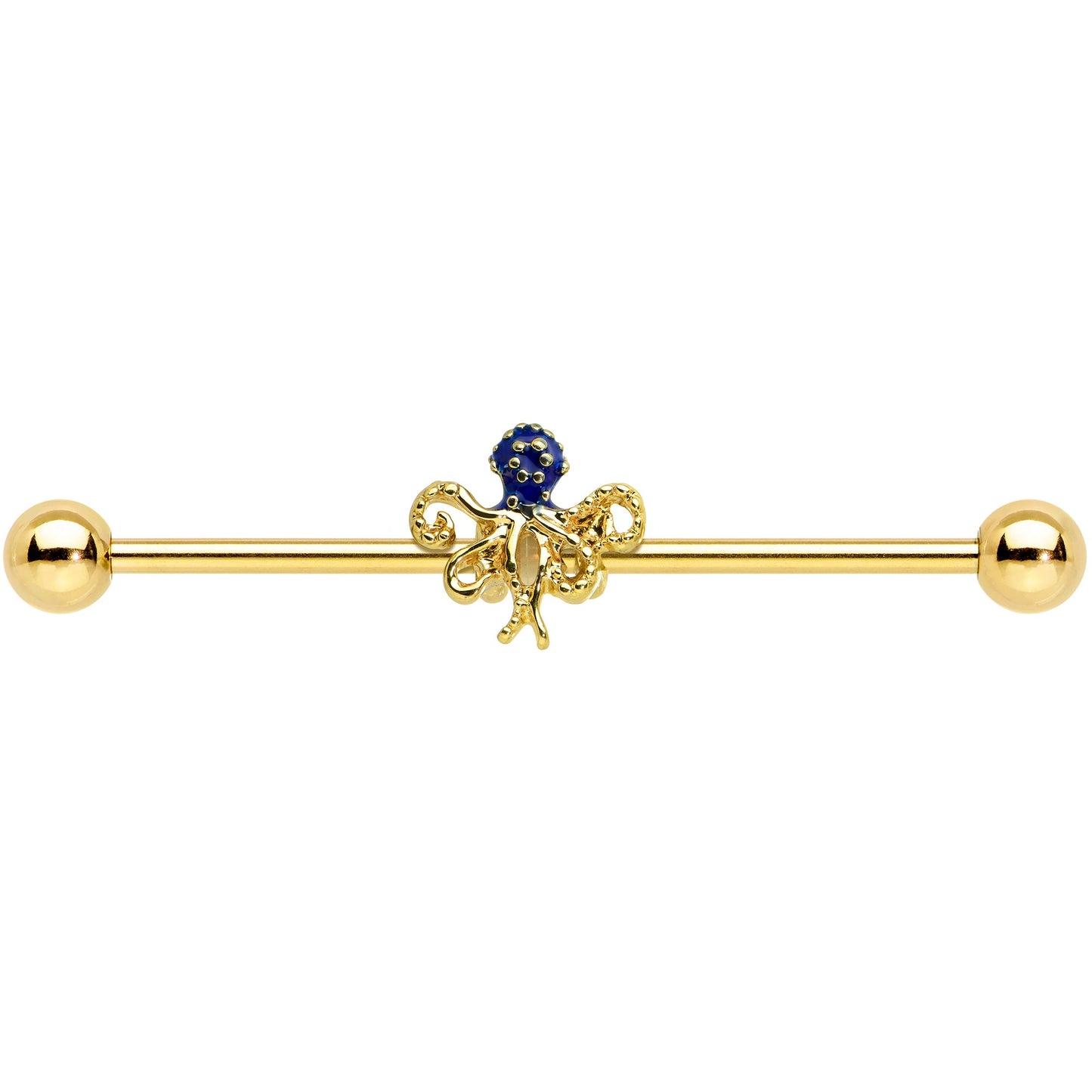 14G Gold Tone Textured Blue Octopus Industrial Barbell 38mm