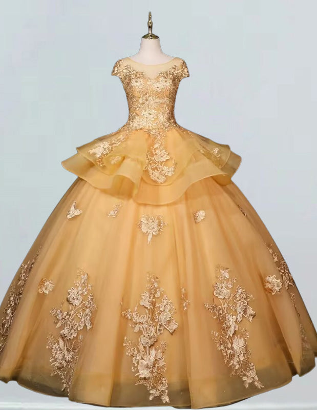Gold Lace Applique Tulle Ball Gown | Scoop Neck, Evening & Prom Dress