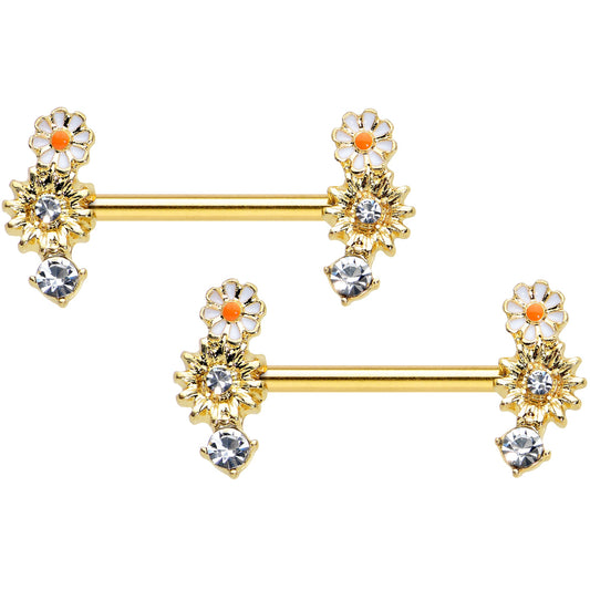 14G 1/2 Clear Gem Gold Tone Sunny Day Daisy Nipple Ring Set