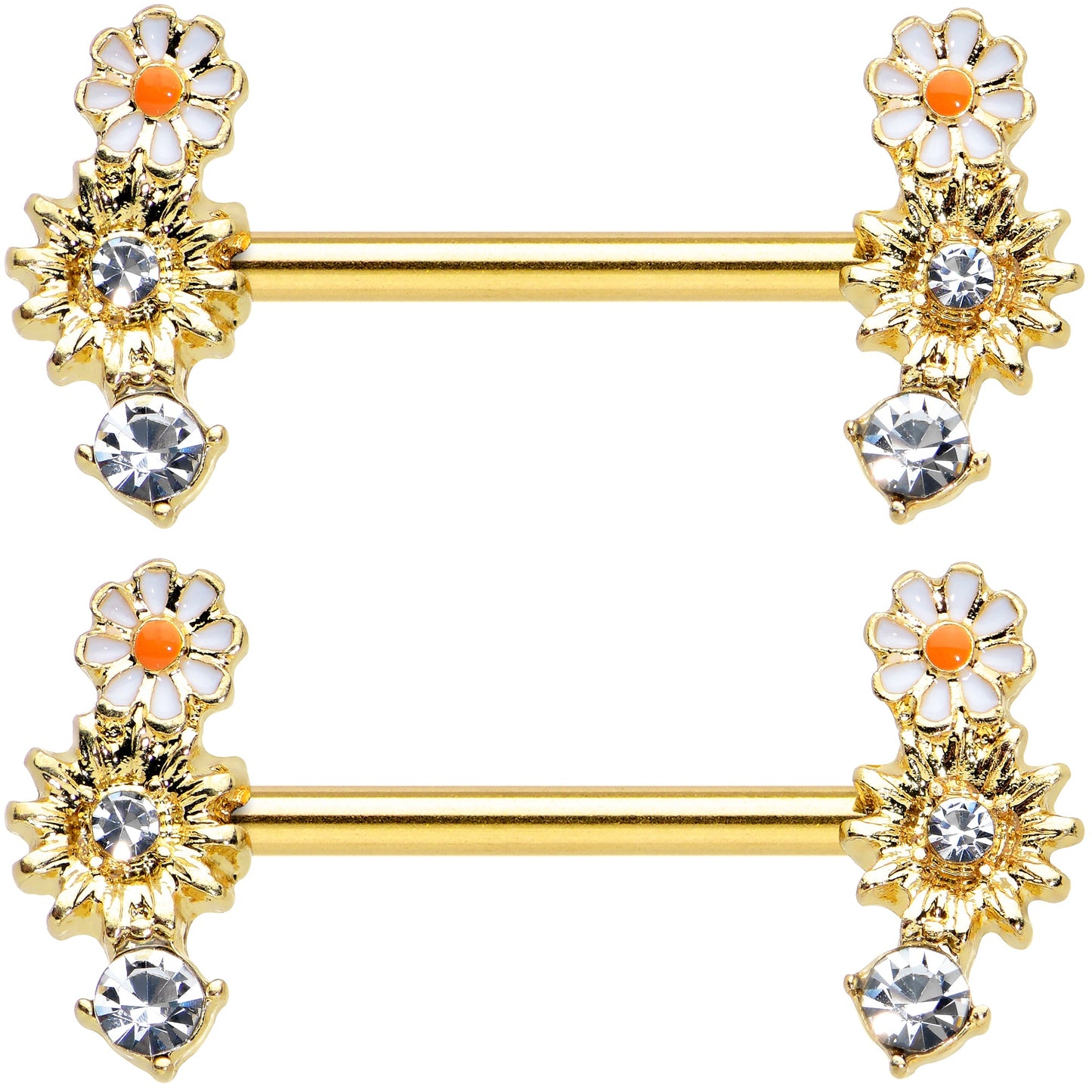 14G 1/2 Clear Gem Gold Tone Sunny Day Daisy Nipple Ring Set