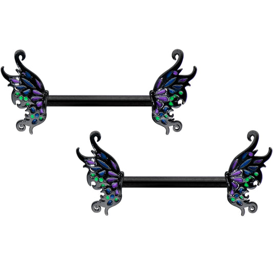 14G 1/2 Black Faerie Wings Fantasy Barbell Nipple Ring Set
