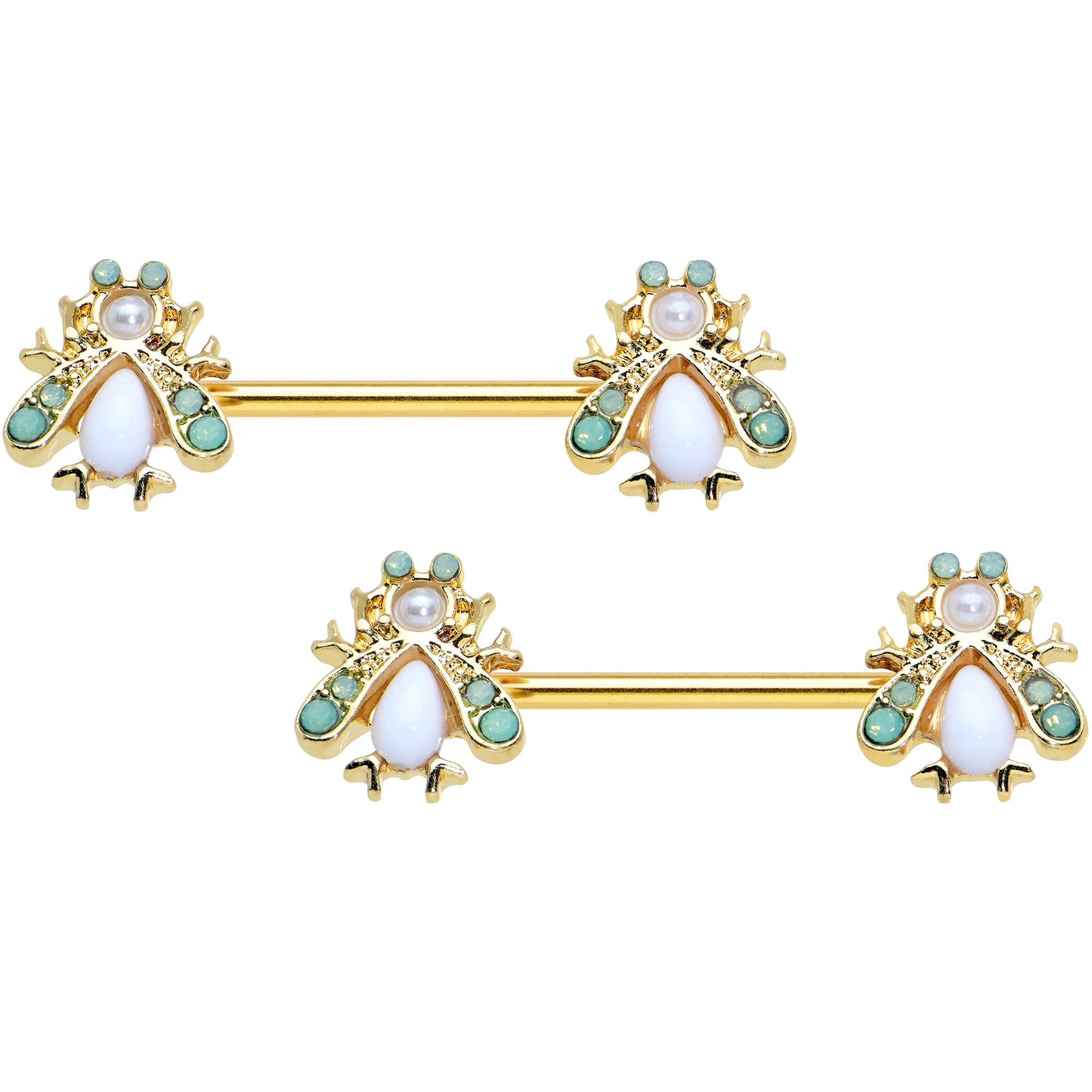 14G 5/8 White Gem Gold Tone Snow Bug Barbell Nipple Ring Set