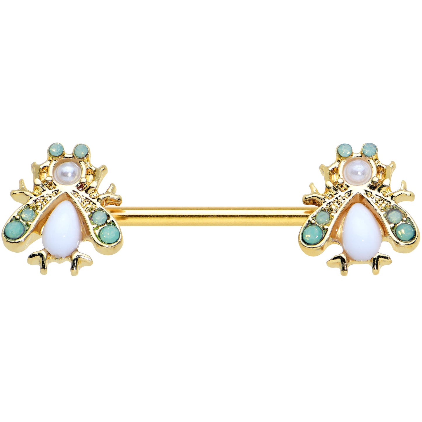 14G 5/8 White Gem Gold Tone Snow Bug Barbell Nipple Ring Set