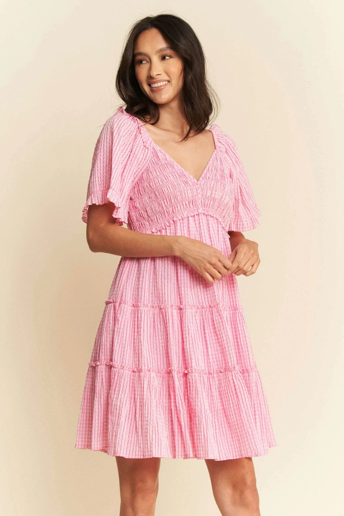 Davi & Dani Jacquard Checker Smocking Tiered Dress
