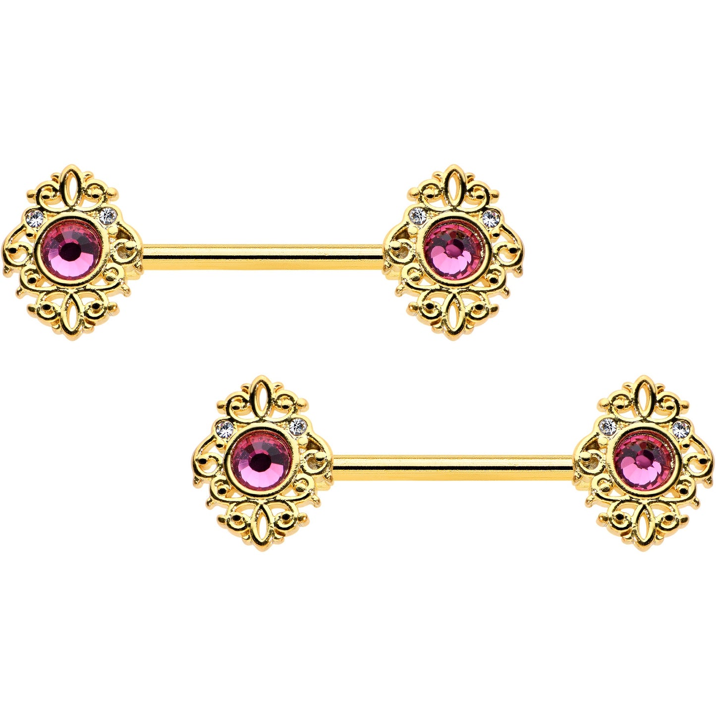 14G 9/16 Pink Gem Gold Hue Open Lace Love Barbell Nipple Ring Set