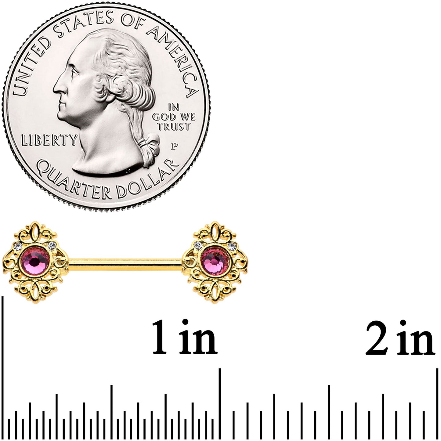 14G 9/16 Pink Gem Gold Hue Open Lace Love Barbell Nipple Ring Set