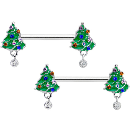 14G 1/2 Clear Blue Red Gem Christmas Tree Barbell Nipple Ring Set
