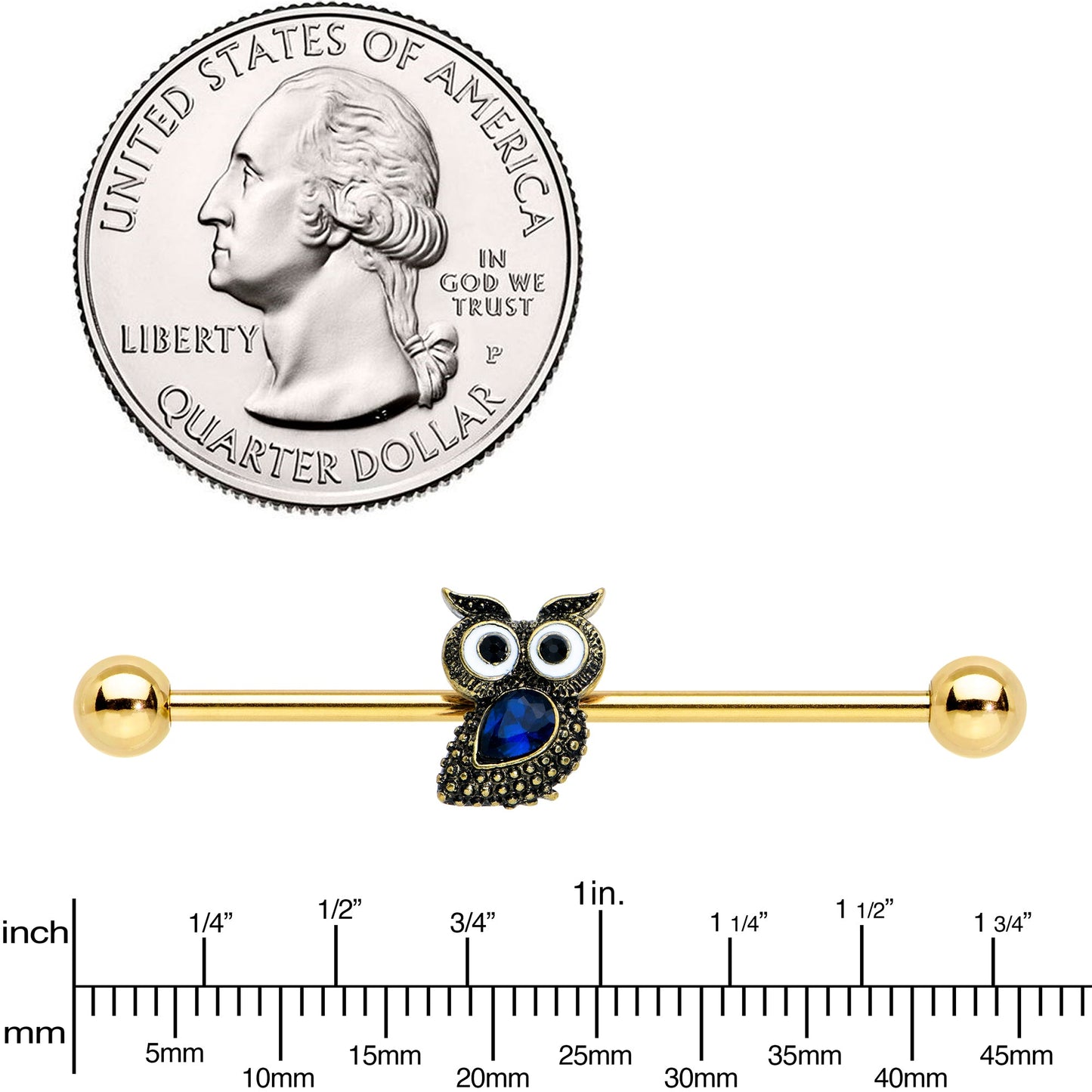 14G Blue Gem Gold Tone Wide Eyed Owl Industrial Barbell 38mm