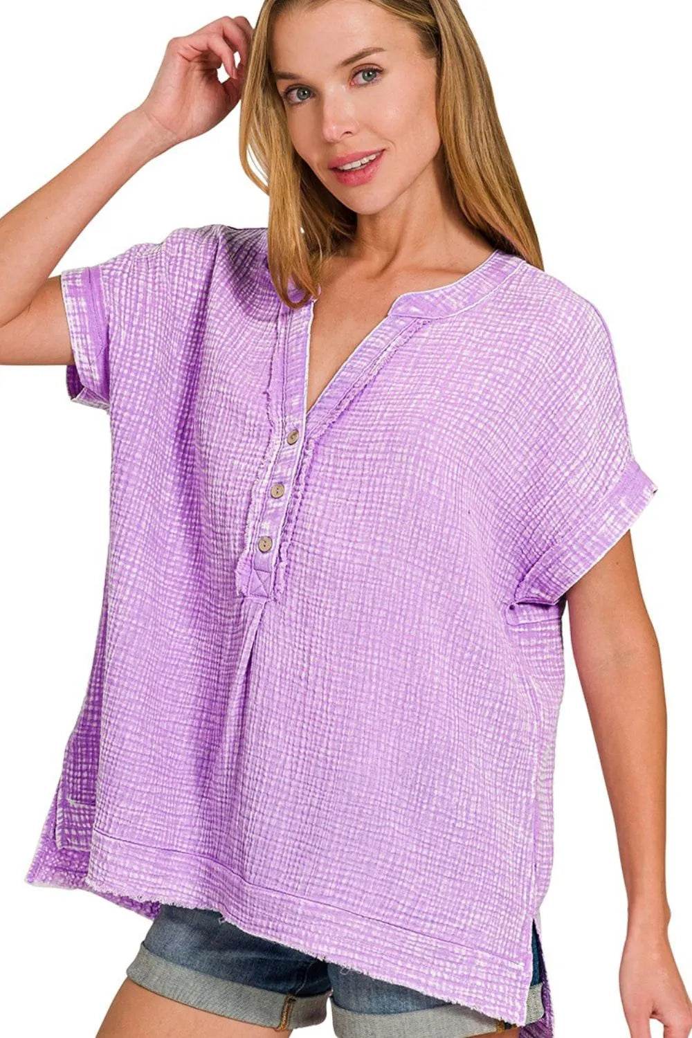 Zenana Washed Double Gauze 3/4 Button Henley Neck Shirt
