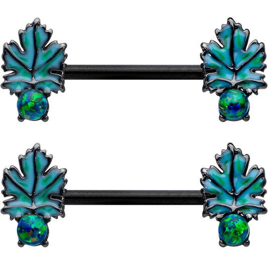 14G 1/2 Green Synthetic Opal Black Fall Leaf Nipple Ring Set