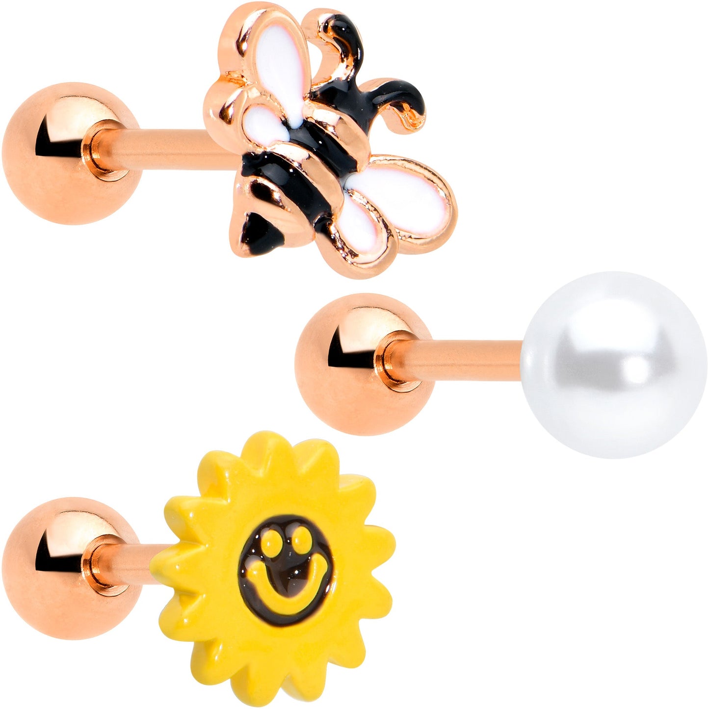 16G 1/4 Rose Gold Tone Bee Smile Flower Cartilage Tragus Set of 3