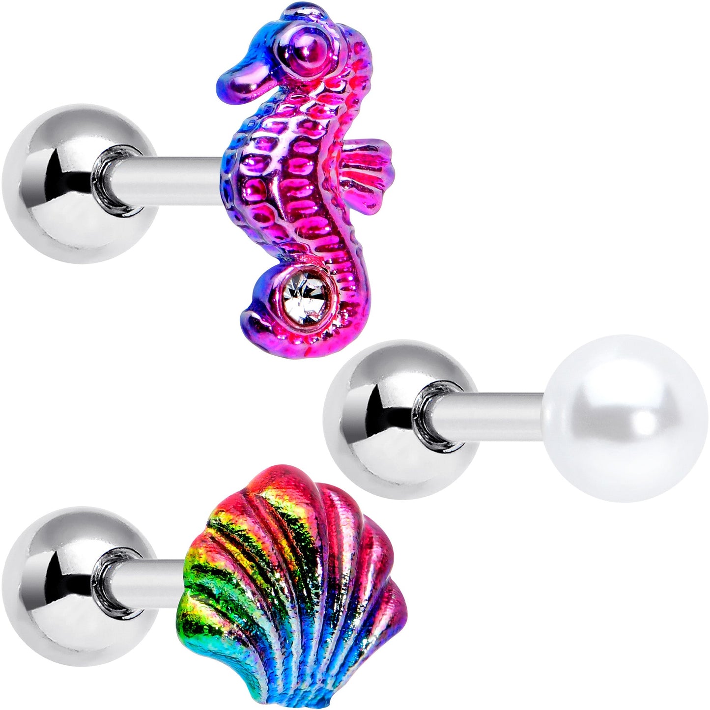 16G 1/4 Nautical Rainbow Shell Seahorse Cartilage Tragus Set of 3