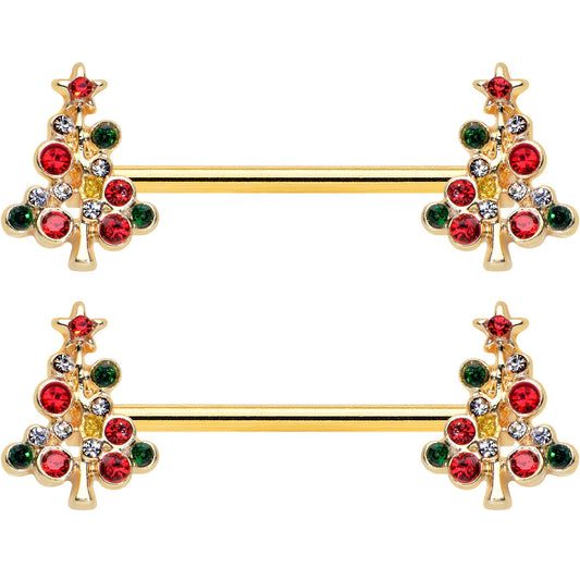 14G 9/16 Red Gem Gold Tone Christmas Tree Nipple Ring Set