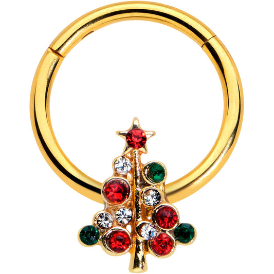 16G 3/8 Dazzline Gem Gold Tone Christmas Tree Hinged Segment Ring