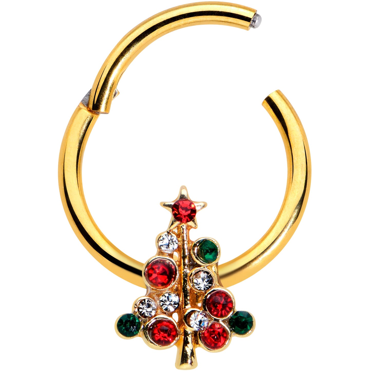 16G 3/8 Dazzline Gem Gold Tone Christmas Tree Hinged Segment Ring