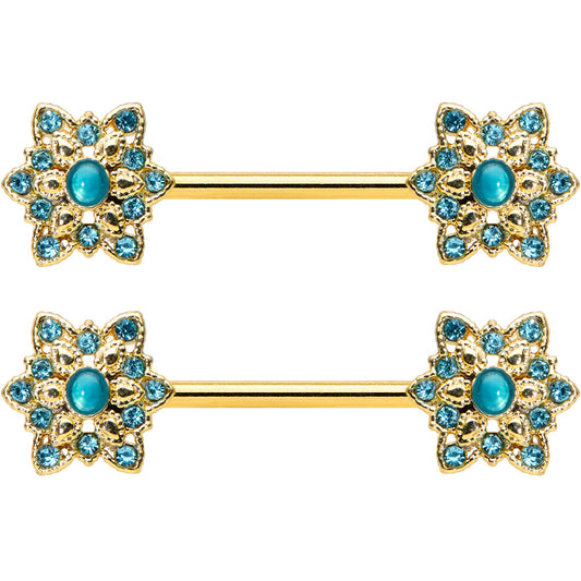 14G 9/16 Aqua Gem Gold Tone Snowflake Christmas Nipple Ring Set