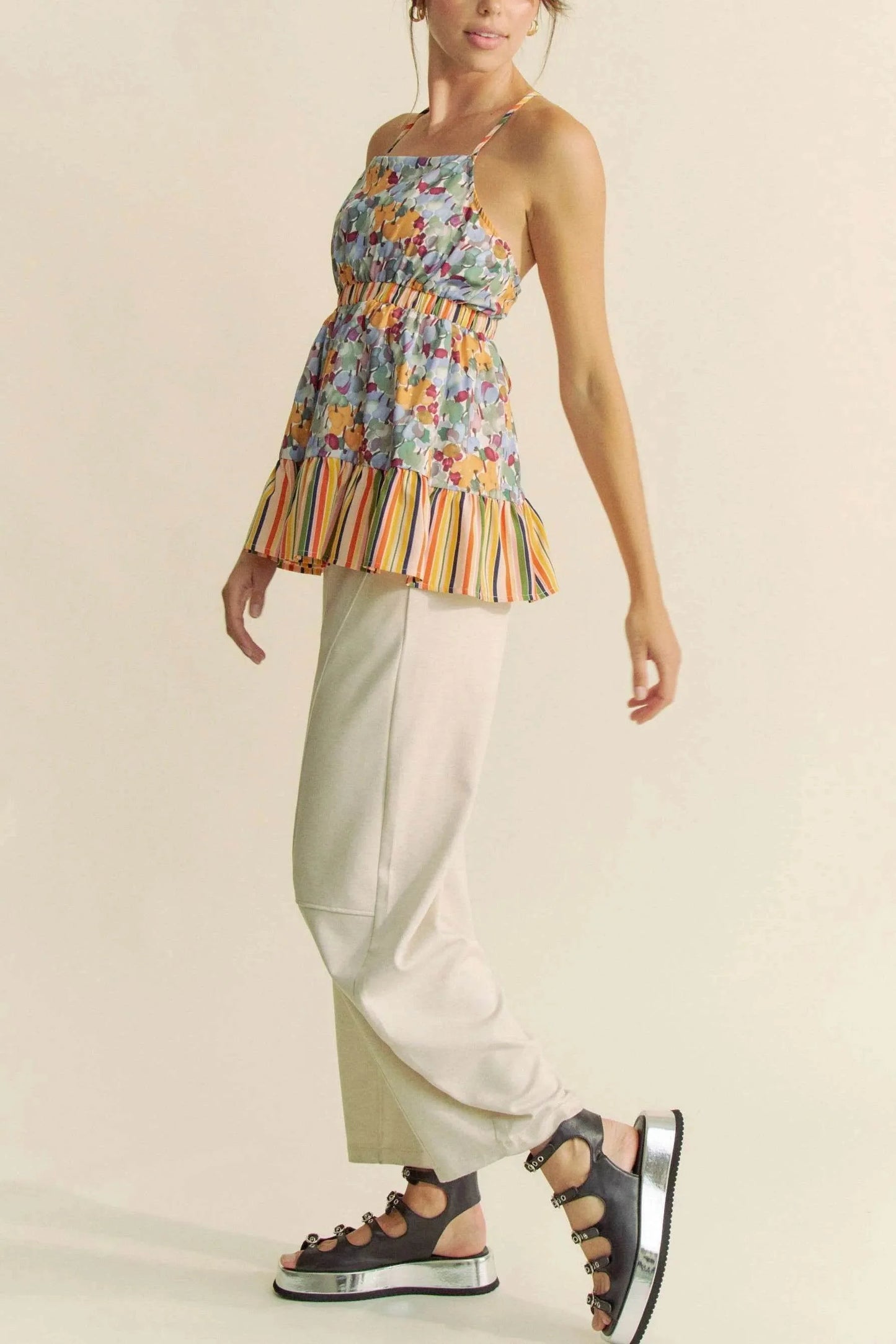 Davi & Dani Floral Smocked Sleeveless Ruffle Back Tie Top